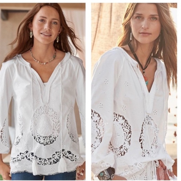 Sundance Tops - Sundance White Cotton Eyelet Lace Boho princess Blouse Tassel Tie Peasant  PS